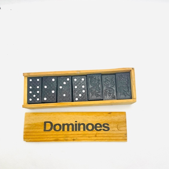 VINTAGE Wooden Black Domino Set In Wooden Box DRAGON Design - Picture 3 of 5